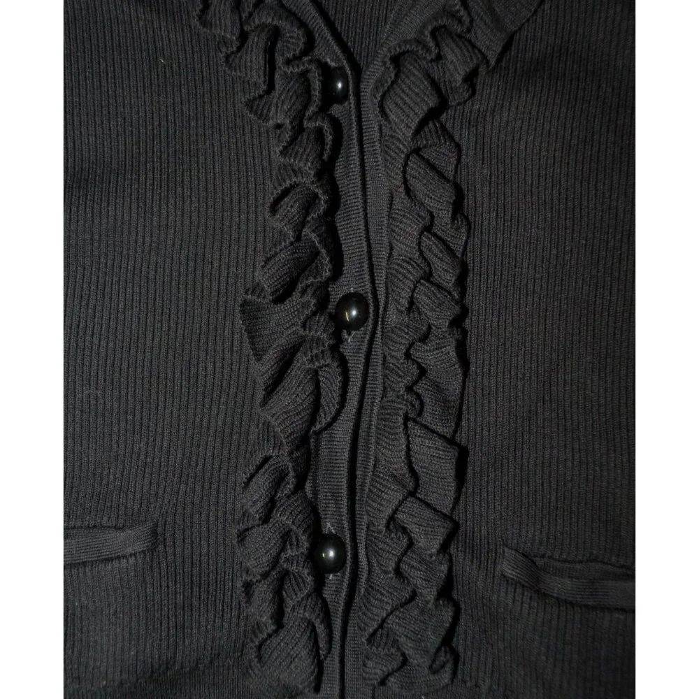 Talbots Black Ruffle Front Button Up V-Neck Ribbed Cardigan Sweater Size L - Picture 3 of 9